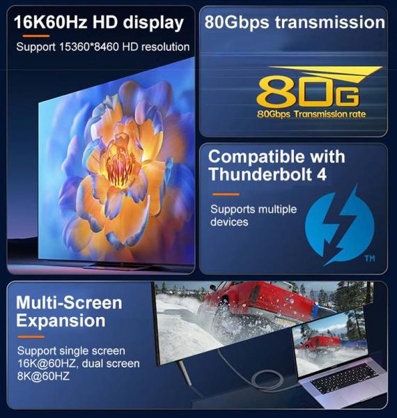 PremiumCord USB4™ Version2.0 80Gbps 16K@60Hz 240W Thunderbolt 3 a 4 kábel 1m 