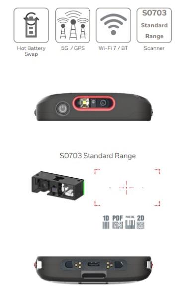 Honeywell CT70: WIFI7/ 6E, 8GB/ 128GB, Štandard Range Engine-Red Laser, Extended Battery, GMS 
