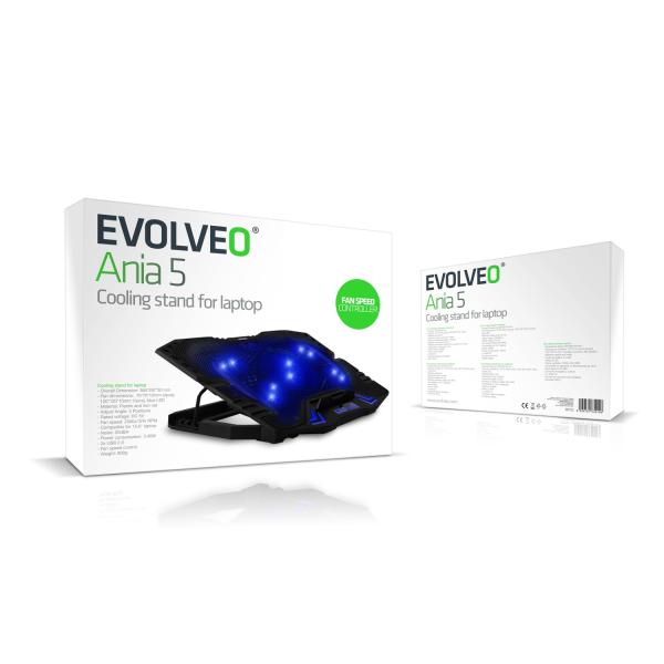 EVOLVEO Ania 5, chladiaca podložka pre notebook do 15, 6", 5x ventilátor, modré podsvietenie 
