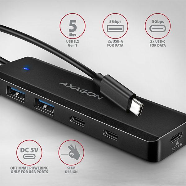 AXAGON HUE-C2C, 4× USB 5Gbps TRAVEL hub, 2× USB-A + 2× USB-C, USB-C napájanie, kábel USB-C 19cm 