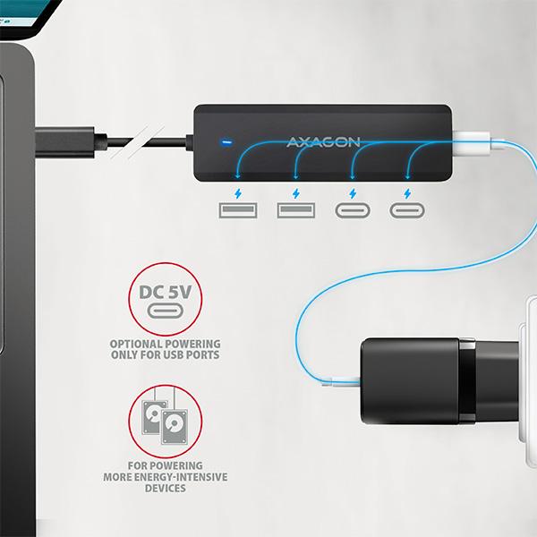AXAGON HUE-C2C, 4× USB 5Gbps TRAVEL hub, 2× USB-A + 2× USB-C, USB-C napájanie, kábel USB-C 19cm 