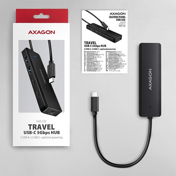 AXAGON HUE-C2C, 4× USB 5Gbps TRAVEL hub, 2× USB-A + 2× USB-C, USB-C napájanie, kábel USB-C 19cm 