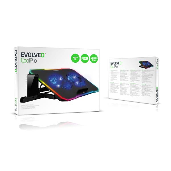 EVOLVEO CoolPro, chladiaca podložka pod notebook do 17", 2x ventilátor, RGB podsvietenie 