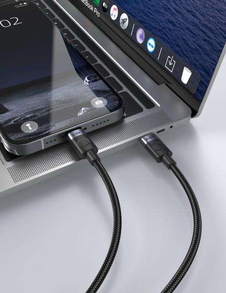 TEXTILNÝ KÁBEL USB-C/ LIGHTNING 1, 5M, USB 2.0 ČIERNY 