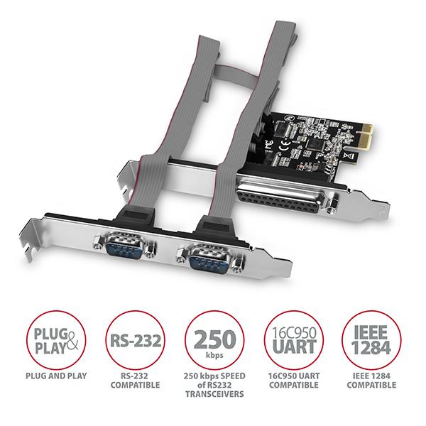 AXAGON PCEA-PSN, PCIe radič - 1x paralelný (LPT) + 2x sériový port (RS232) 250 kbps, vr. LP 