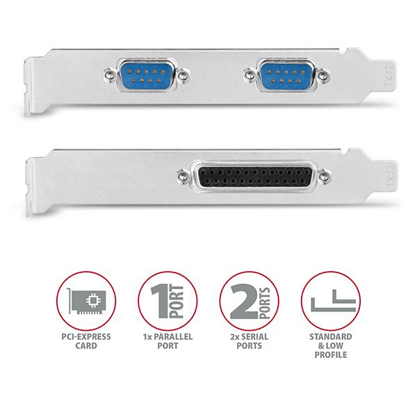 AXAGON PCEA-PSN, PCIe radič - 1x paralelný (LPT) + 2x sériový port (RS232) 250 kbps, vr. LP 