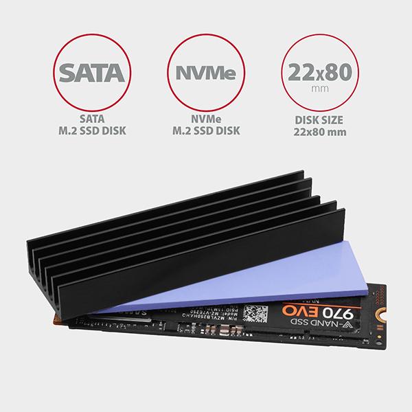 AXAGON CLR-M2L10, hliníkový pasívny chladič pre M.2 2280 SSD, výška 10 mm 