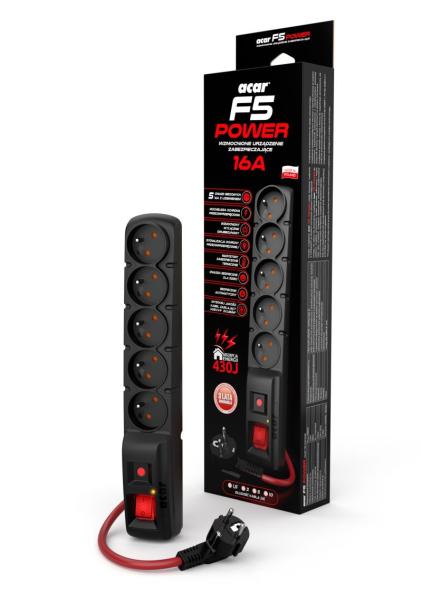 Acar F5 3m kábel, 5 zásuviek, prepäťová ochrana, max.prúd 16A, čierny 