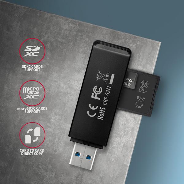AXAGON CRE-S2N, USB-A 3.2 Gen 1 - SUPERSPEED čítačka kariet, 2-slot & lun SD/ microSD, podpora UHS-I 
