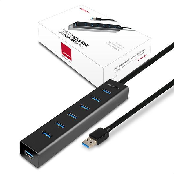 AXAGON HUE-SA7BP, 7x USB 3.0 ALU CHARGING hub, vr. AC adaptéra, kábel USB-A 40cm