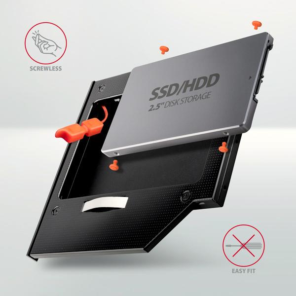 AXAGON RSS-CD09 rámček pre 2.5" SSD/ HDD do DVD slotu, 9.5 mm, LED, hliník 
