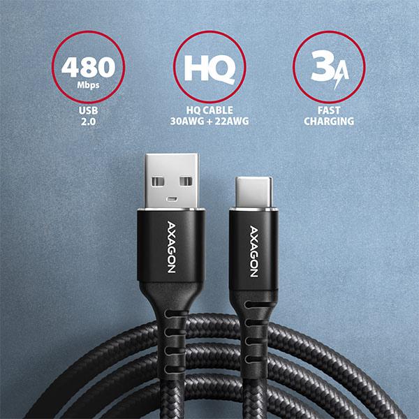 AXAGON BUCM-AM20AB, HQ kábel USB-C <-> USB-A, 2m, USB 2.0, 3A, ALU, oplet, čierny 