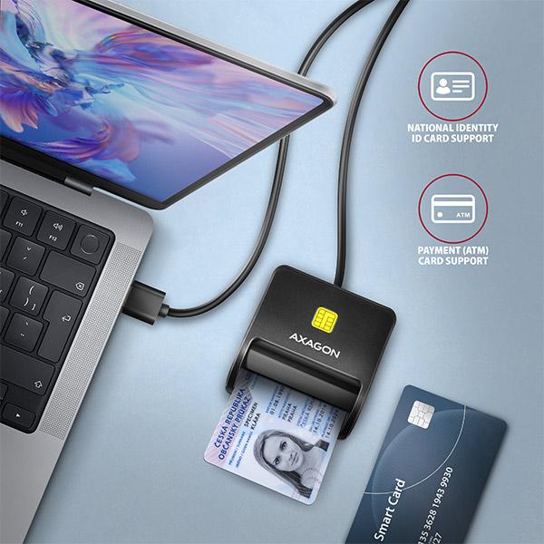 AXAGON CRE-SM3N, USB-A FlatReader čítačka kontaktných kariet Smart card (eObčanka), kábel 1.3m 