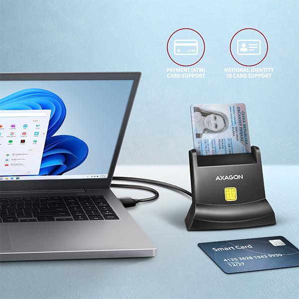 AXAGON CRE-SM4N, USB-A čítačka kontaktných kariet Smart Card (eObčanka), stojanková, kábel 1.3 m 