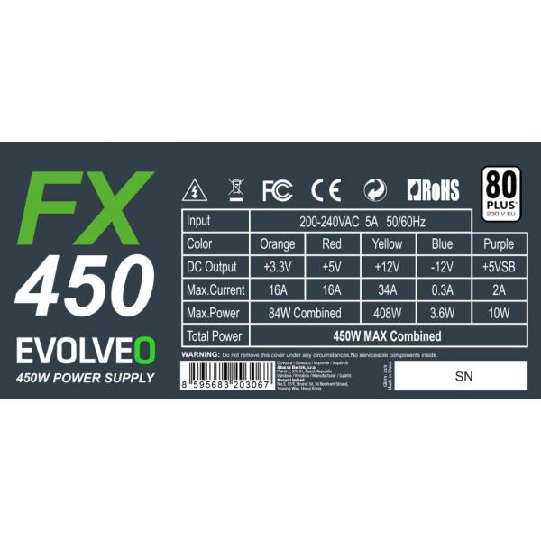 EVOLVEO FX 450, zdroj 450W ATX, 14cm, 80+, White, 3YRW 