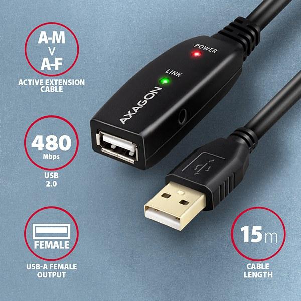 AXAGON ADR-215, USB 2.0 A-M -> A-F aktívny predlžovací / repeater kábel, 15m 