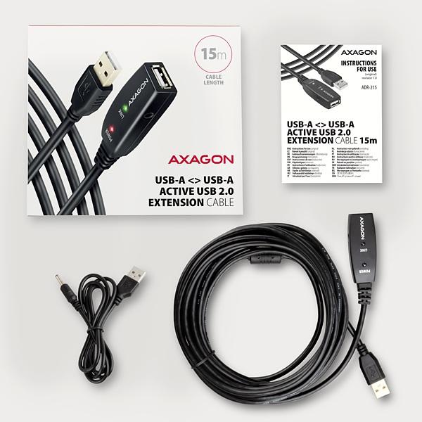AXAGON ADR-215, USB 2.0 A-M -> A-F aktívny predlžovací / repeater kábel, 15m 