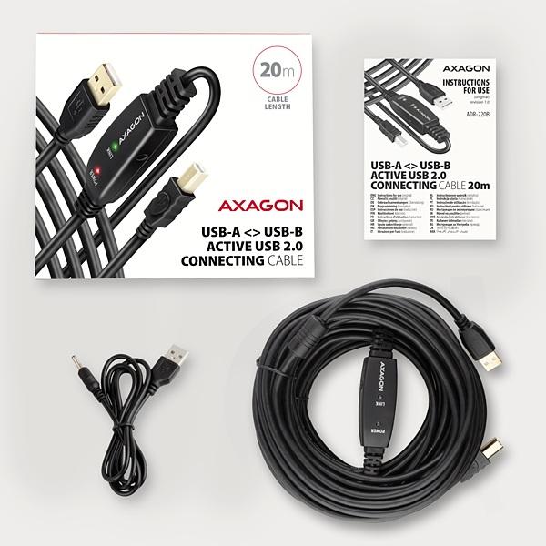 AXAGON ADR-220B, USB 2.0 A-M -> B-M aktívny prepojovací / repeater kábel, 20m 