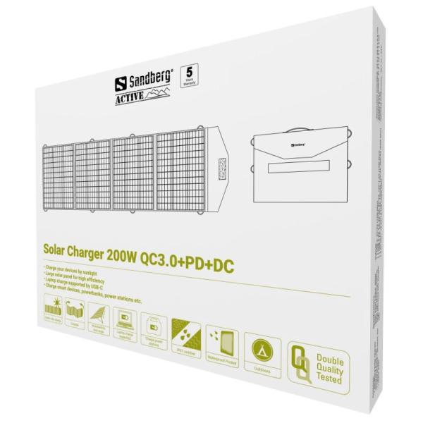 Sandberg solárny panel - nabíjačka, výkon 200W, QC3.0+PD+DC, čierna 