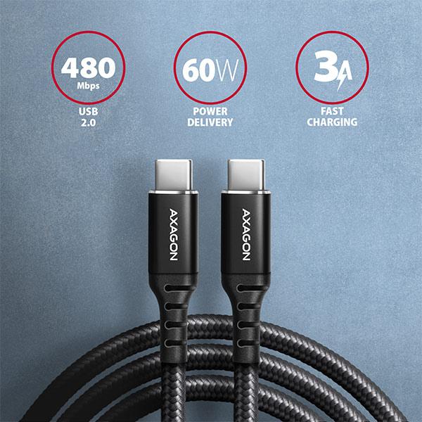 AXAGON BUCM-CM15AB, HQ kábel USB-C <-> USB-C, 1.5m, USB 2.0, PD 60W 3A, ALU, oplet, čierny 