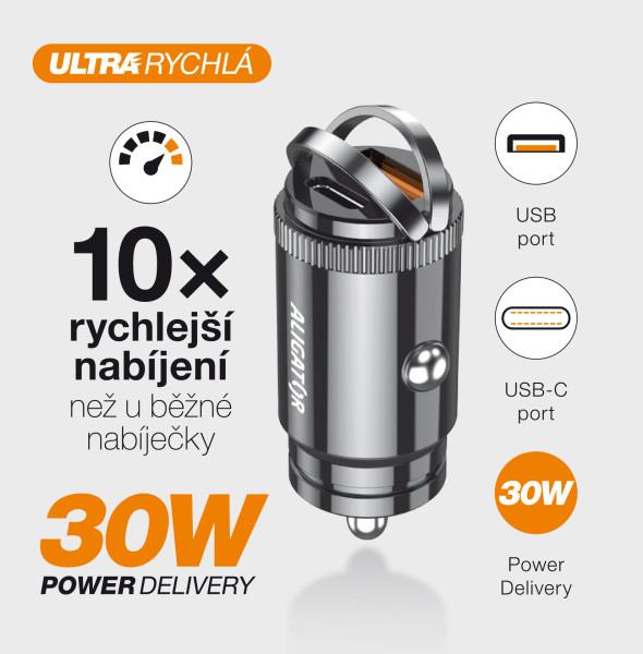 Aligator mini nabíjačka do auta Power Delivery 30W, USB-C + USB-A 