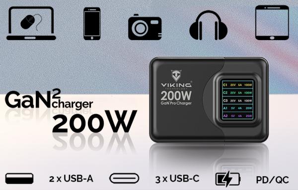 Viking USB GaN charger 200W PD PRO/ sieťový adaptér/ Output:3xUSB-C, 2xUSB-A/ Rýchlo nabíjania/  