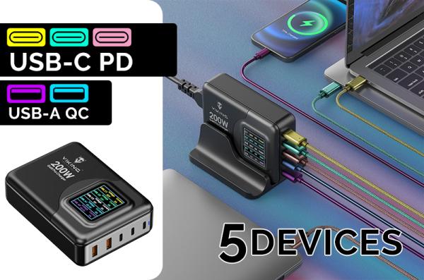Viking USB GaN charger 200W PD PRO/ sieťový adaptér/ Output:3xUSB-C, 2xUSB-A/ Rýchlo nabíjania/  