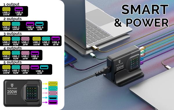 Viking USB GaN charger 200W PD PRO/ sieťový adaptér/ Output:3xUSB-C, 2xUSB-A/ Rýchlo nabíjania/  