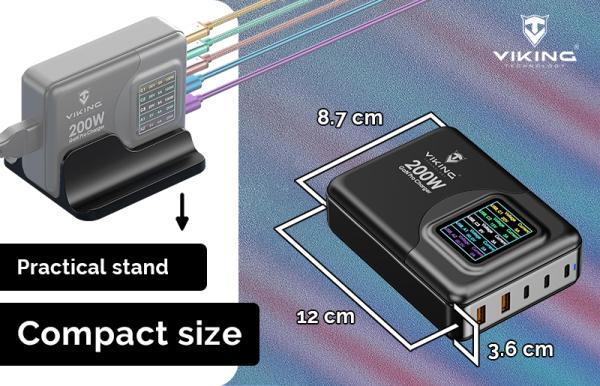 Viking USB GaN charger 200W PD PRO/ sieťový adaptér/ Output:3xUSB-C, 2xUSB-A/ Rýchlo nabíjania/  
