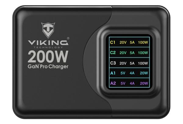 Viking USB GaN charger 200W PD PRO/ sieťový adaptér/ Output:3xUSB-C, 2xUSB-A/ Rýchlo nabíjania/ 