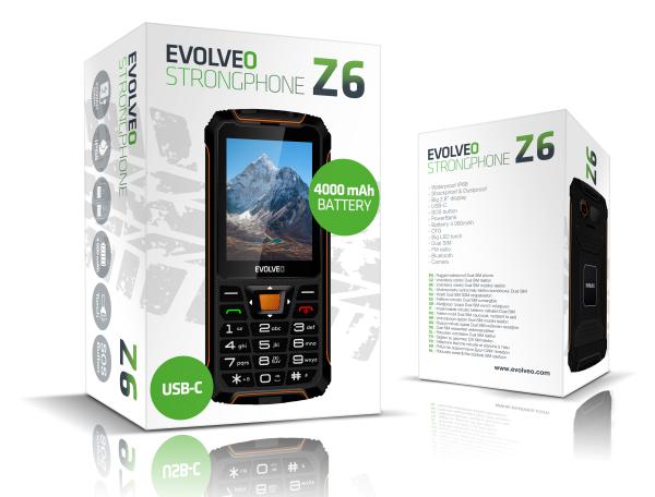 EVOLVEO StrongPhone Z6, IP68 odolný Dual SIM telefón, 2, 8" LCD, 4000mAh, Powerbanka, čierno-oranžový 