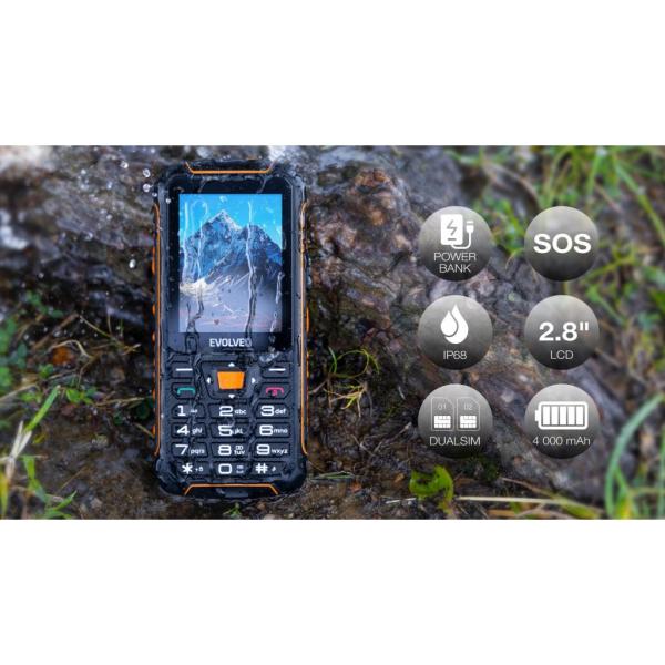 EVOLVEO StrongPhone Z6, IP68 odolný Dual SIM telefón, 2, 8" LCD, 4000mAh, Powerbanka, čierno-oranžový 