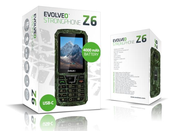EVOLVEO StrongPhone Z6, IP68 odolný Dual SIM telefón, 2, 8" LCD, 4000mAh, Powerbanka, lovec. kamufláž 