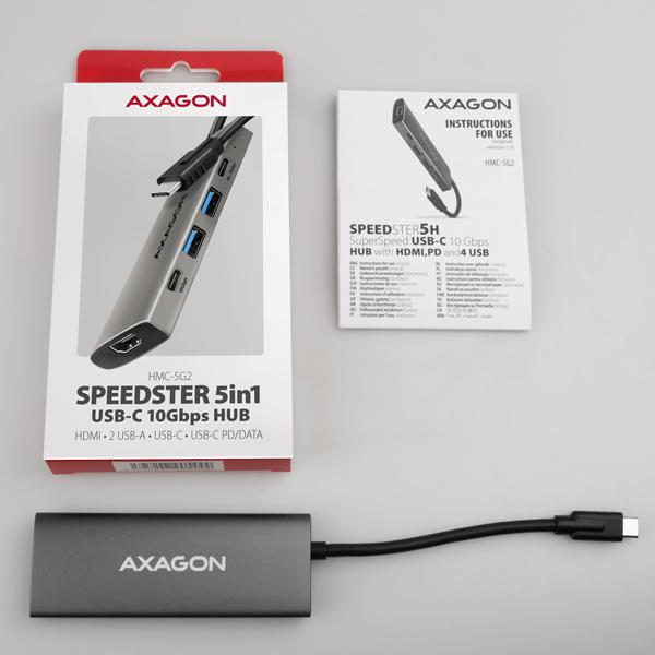 AXAGON HMC-5G2, USB 10Gbps hub, porty 2x USB-A, 2x USB-C, HDMI 4k/ 60, PD 100W, kábel USB-C 13cm 