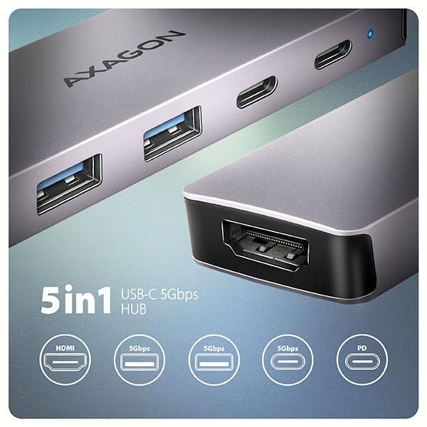 AXAGON HMC-5H60, USB 5Gbps hub, porty 2x USB-A, 1x USB-C, HDMI 4k/ 60, PD 100W, kábel USB-C 15cm 