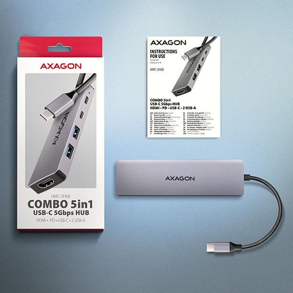 AXAGON HMC-5H60, USB 5Gbps hub, porty 2x USB-A, 1x USB-C, HDMI 4k/ 60, PD 100W, kábel USB-C 15cm 