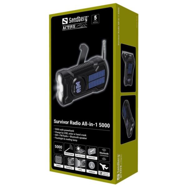 Sandberg Surviovor All-in-1 5000 mAh, FM/ AM rádio s ďalšími funkciami, čierna 