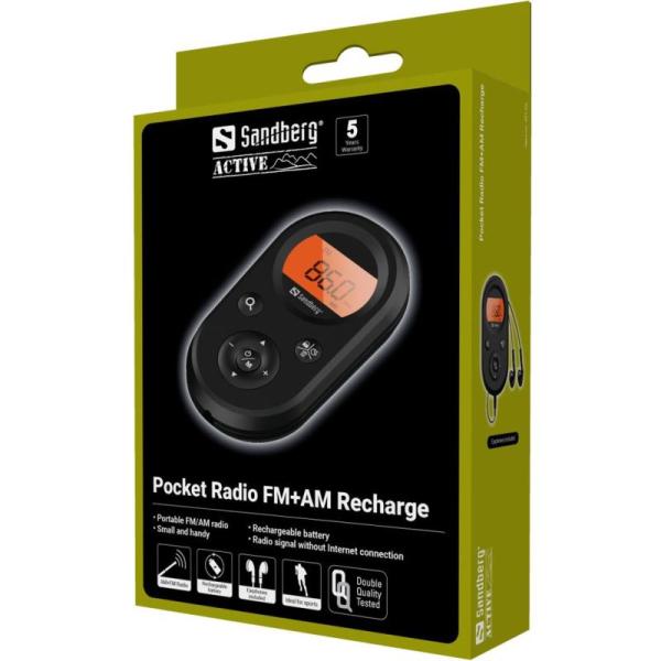 Sandberg vreckový FM+AM rádio Recharge, dobíjacie batérie, display, čierna 