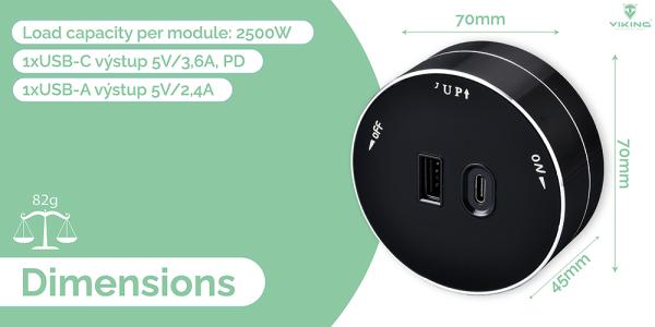 Zásuvkový modul Viking A60SB, strieborno-čierna/ výstupy - 1xUSB-A, 1xUSB-C/ výkon až 2500W/ 230V, 16A, 50Hz 