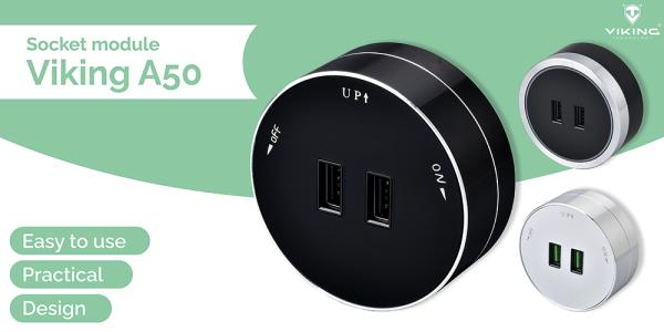 Zásuvkový modul Viking A50B, čierna/ výstupy - 1xUSB-A/ výkon až 2500W/ 230V, 16A, 50Hz 