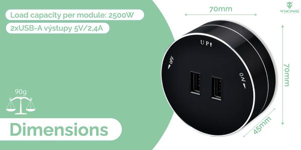 Zásuvkový modul Viking A50B, čierna/ výstupy - 1xUSB-A/ výkon až 2500W/ 230V, 16A, 50Hz 