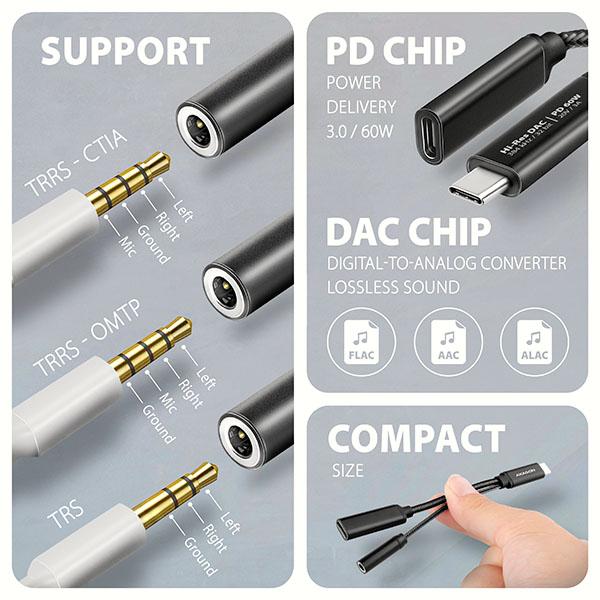 AXAGON ADA-HCPD, USB-C na 3.5mm jack - Hi-Res DAC audio adaptér, 384kHz/ 32bit, stereo, PD 60W 3A 