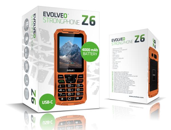 EVOLVEO StrongPhone Z6, IP68 odolný Dual SIM telefón, 2, 8" LCD, 4000mAh, Powerbanka, , oranžový 