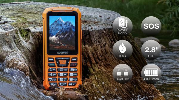 EVOLVEO StrongPhone Z6, IP68 odolný Dual SIM telefón, 2, 8" LCD, 4000mAh, Powerbanka, , oranžový 