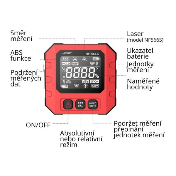 W-Star Digitálny uhlomer WSNF566S, laser, magnet, 4x90°, stupne, %, mm/ m