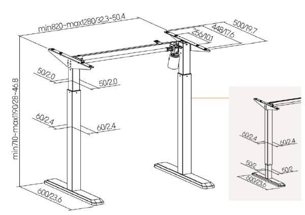 Výškovo nastaviteľná stolová podnož Brateck S03-22DE 1 motor rozsah 710-1190 mm nosnosť 80 kg 