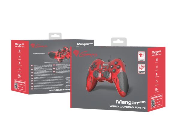 Drôtový gamepad Genesis MANGAN 200, pre PC, vibrácie, červený 