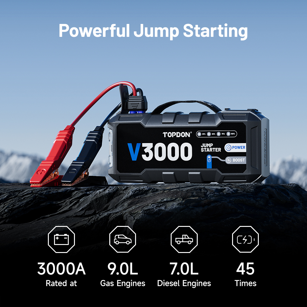 TOPDON Car Jump Starter V3000/ 3000A/ 12V vozidla/ 24000mAh/ 9l benzín/ 7l diesel/ LED svetlo | 