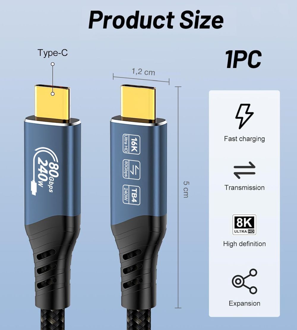 PremiumCord USB4™ Version2.0 80Gbps 16K@60Hz 240W Thunderbolt 3 a 4 kábel 1, 5m 