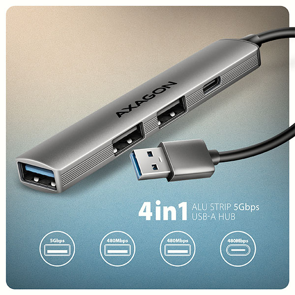 AXAGON HUE-STA, 4x USB ALU STRIP hub, 1x USB-A 5Gbps, 2x USB-A & 1x USB-C 480Mbps, kábel USB-A 12cm 